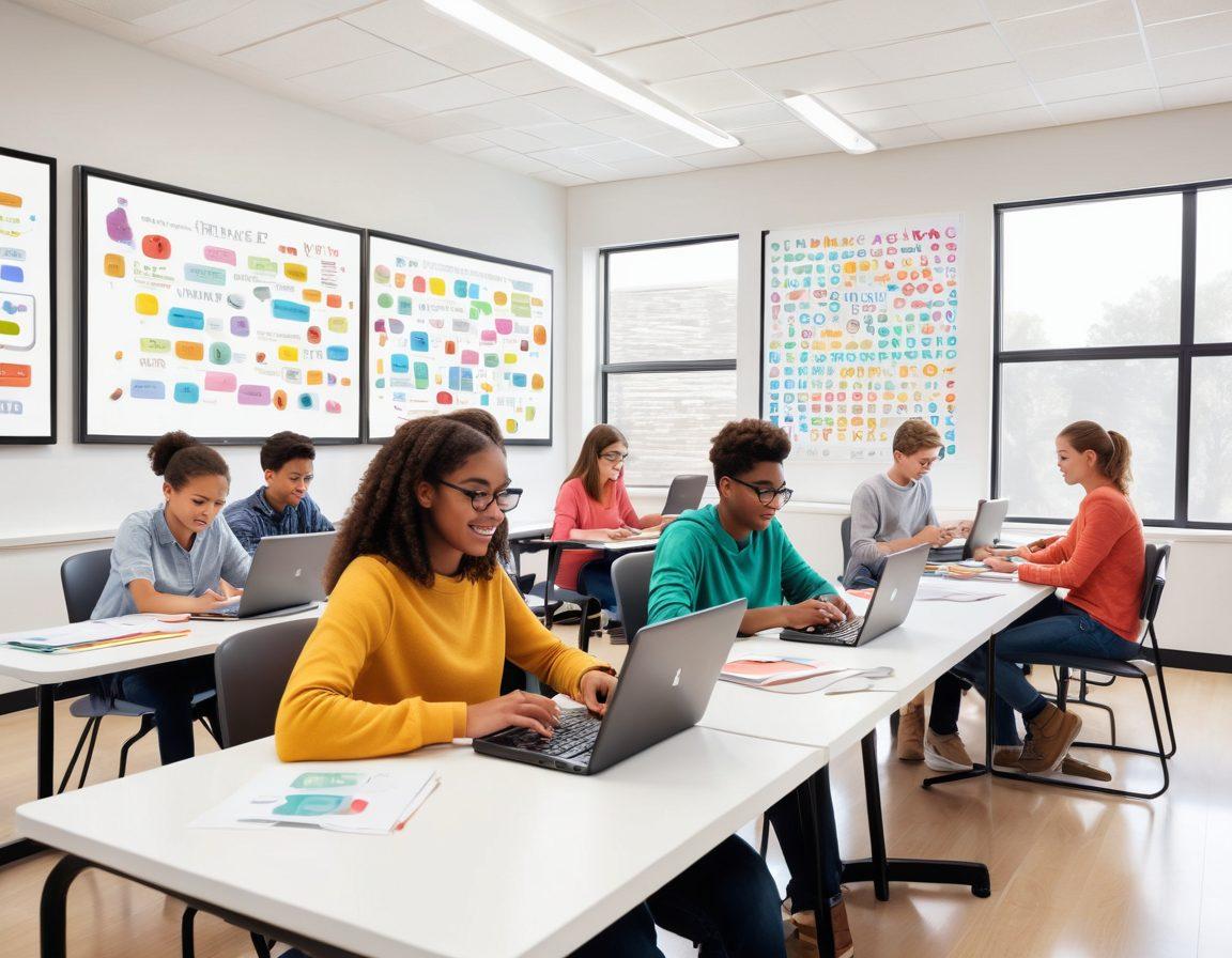 A colorful, engaging classroom scene featuring a diverse group of students sitting at computers practicing typing. The room is filled with playful educational posters about typing techniques. Interactive elements like floating text bubbles showing key lessons and tips surround the students, creating an immersive learning atmosphere. Warm, inviting lighting adds a motivating touch. vector art. vibrant colors. white background.