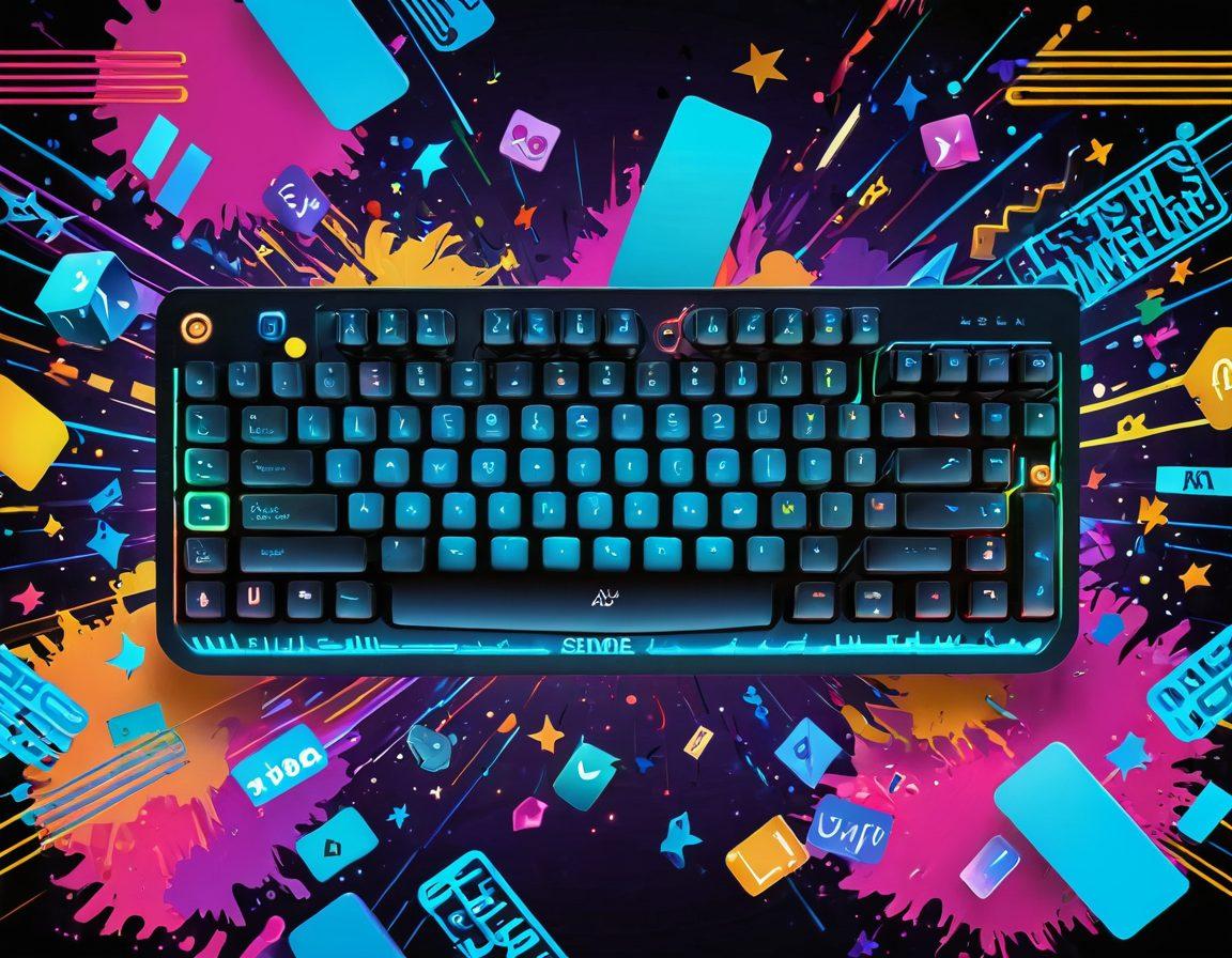A dynamic and colorful composition showcasing a keyboard with fingers flying over the keys, illuminated by a playful array of gaming elements like joystick controllers and digital scoreboards. Include a background of a vibrant, animated landscape filled with fun typing challenges, like floating letters and playful characters encouraging typing. Showcase a sense of movement and excitement to convey mastery and fun. cartoonish style. vibrant colors. 3D.