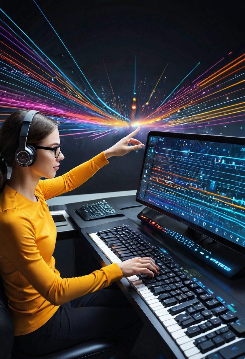 A person seated at a sleek, modern workstation, fingers flying over a keyboard with speed lines illustrating their quick typing technique. The background features a dynamic digital landscape with floating speedometers and achievements showcasing typing milestones. The scene is infused with vibrant colors to evoke energy and motivation, emphasizing the transformation aspect. super-realistic. vibrant colors. modern design.